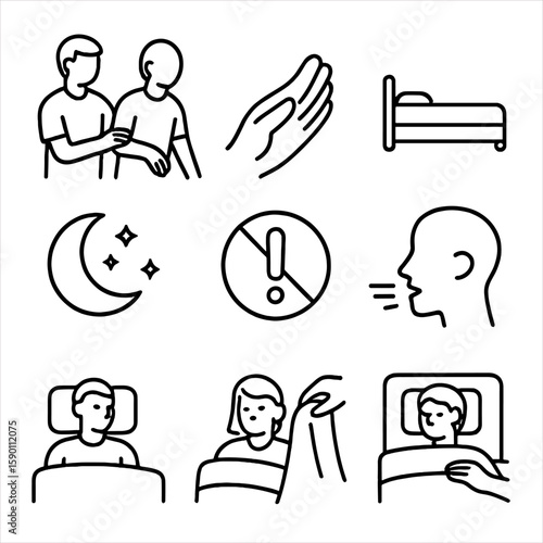 Helping Sleepwalker Gently. Outline style icons of Helping Sleepwalker Return to Bed: gently redirecting person, softly guiding