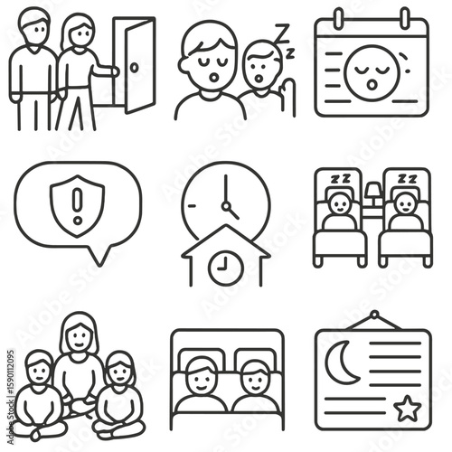 Sleepwalking Family Icons. Outline style icons of Family Sleepwalking Care: parents watching hallway, sibling alert symbol, family