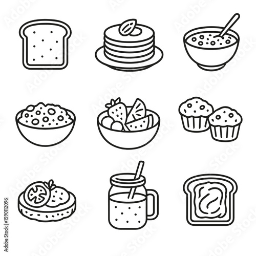 Gluten-Free Brunch Icons. Outline style icons of Gluten-Free Brunch: gluten-free toast, almond flour pancakes, chia oat bowl,