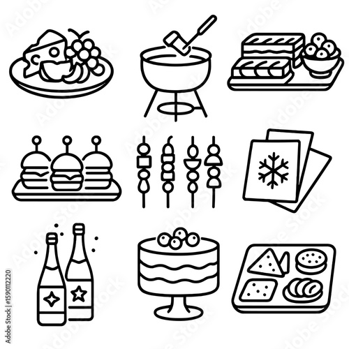 Holiday Feast Icons. Outline style icons of Holiday Food Table: cheese and fruit platter, fondue pot, chocolate dessert tray, mini