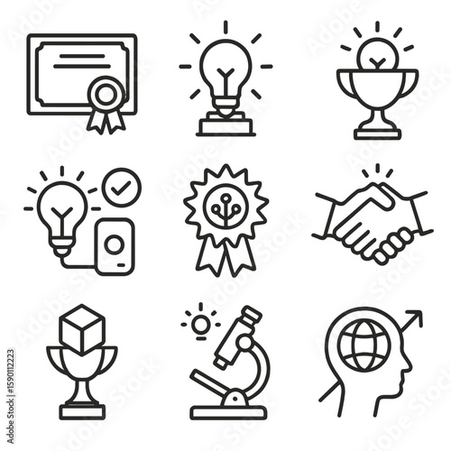 Innovation Icons Collection. Outline style icons of Innovation Recognition: patent stamp, lightbulb award, innovation trophy, idea