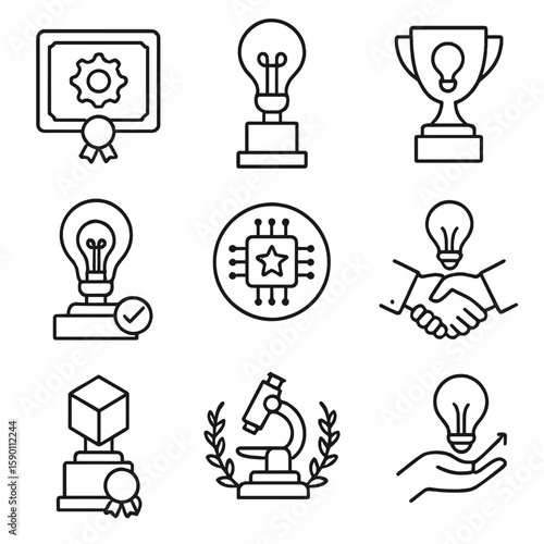 Innovation Icons Collection. Outline style icons of Innovation Recognition: patent stamp, lightbulb award, innovation trophy, idea
