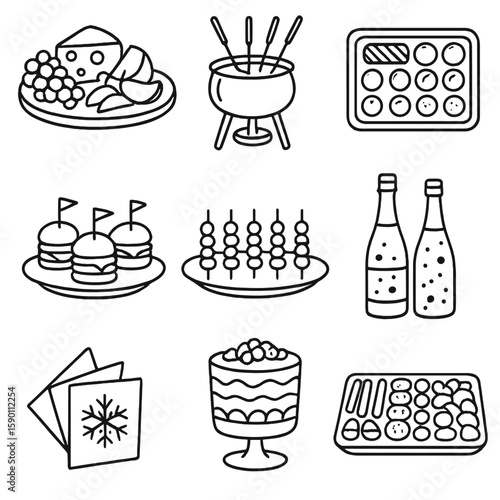 Holiday Feast Icons. Outline style icons of Holiday Food Table: cheese and fruit platter, fondue pot, chocolate dessert tray, mini