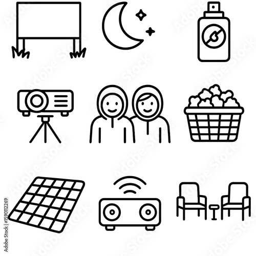 Outdoor Movie Icons. Outline style icons of Outdoor Movie Night: screen on lawn, moonlit backdrop, picnic mat, bug repellent spray