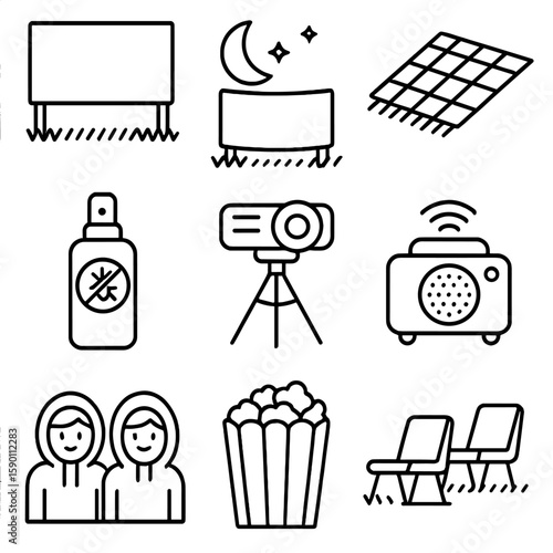 Outdoor Movie Icons. Outline style icons of Outdoor Movie Night: screen on lawn, moonlit backdrop, picnic mat, bug repellent spray