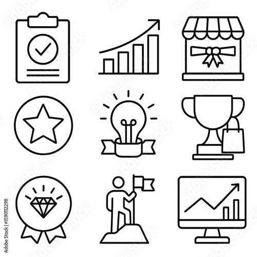 Entrepreneurial Icons Collection. Outline style icons of Entrepreneur Success: business plan check, sales milestone chart, shop