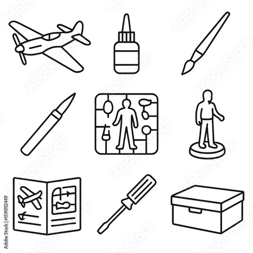 Model Building Icons. Outline style icons of Model Building: model airplane, tiny glue bottle, paint brush for detail, hobby knife