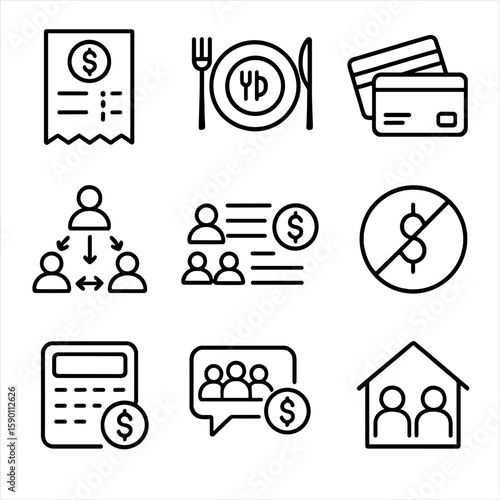 Split Payment Icons. Outline style icons of Split Bills: split receipt icon, shared dinner payment, dual card icon, group payment