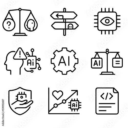 AI Ethics Icons. Outline style icons of AI Ethics: ethical dilemma balance, robot vs human path, AI transparency icon, bias