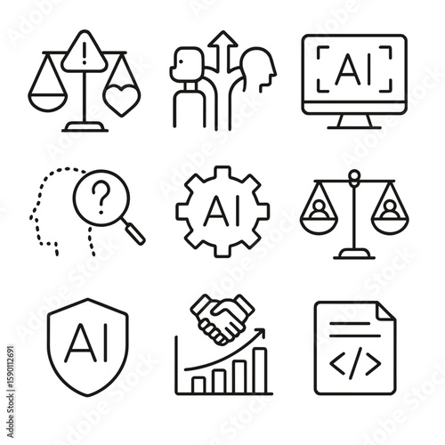 AI Ethics Icons. Outline style icons of AI Ethics: ethical dilemma balance, robot vs human path, AI transparency icon, bias
