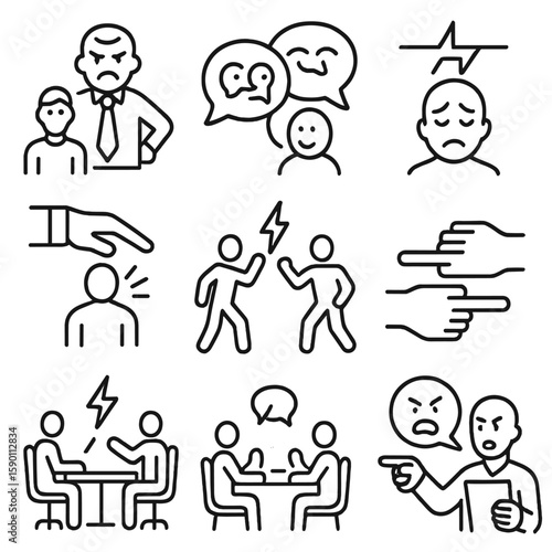 Toxic Workplace Icons. Outline style icons of Toxic Workplace: angry boss icon, gossip chat bubble, stress overload symbol,