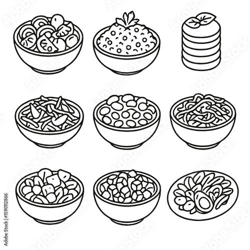International Salad Icons. Outline style icons of International Salads: Greek salad icon, tabbouleh bowl, Caprese salad stack,