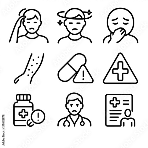 Health Side Effects Icons. Outline style icons of Health Side Effects: headache icon, dizziness symbol, nausea emoji, rash outline