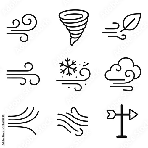 Outline Wind Icons. Outline style icons of Windy Weather: swirling wind icon, strong gusts, tornado spiral, leaf blowing icon,