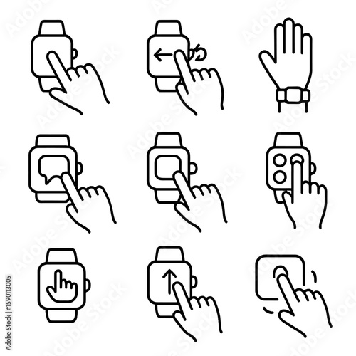 Smartwatch Gesture Icons. Outline style icons of Smartwatch Gestures: wrist tap, swipe on small screen, digital crown rotate,