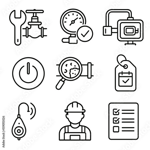 Maintenance Icons Collection. Outline style icons of Maintenance and Inspection: wrench with valve, pressure gauge check, pipeline