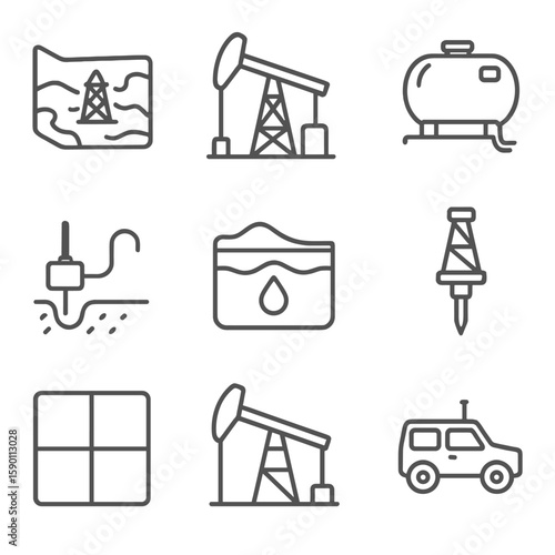 Oil Field Icons Outline. Outline style icons of Oil Field Icons: field map, oil well, reserve tank, seismic sensor, oil basin,