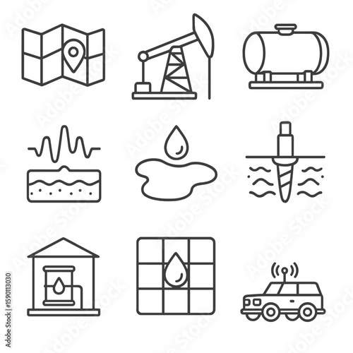 Oil Field Icons Outline. Outline style icons of Oil Field Icons: field map, oil well, reserve tank, seismic sensor, oil basin,