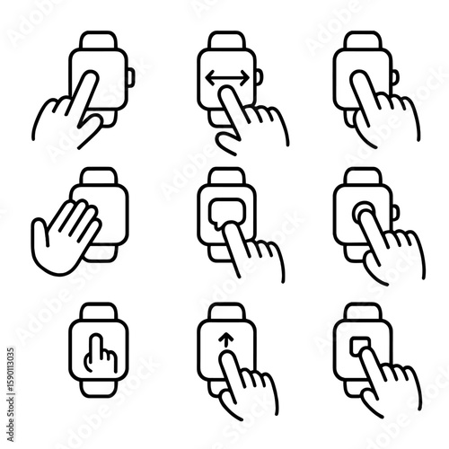 Smartwatch Gesture Icons. Outline style icons of Smartwatch Gestures: wrist tap, swipe on small screen, digital crown rotate,