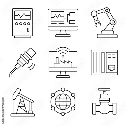 Industrial Automation Icons. Outline style icons of Industrial Automation: control panel, SCADA system icon, robotic arm,