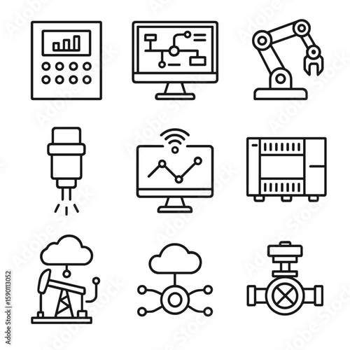 Industrial Automation Icons. Outline style icons of Industrial Automation: control panel, SCADA system icon, robotic arm,