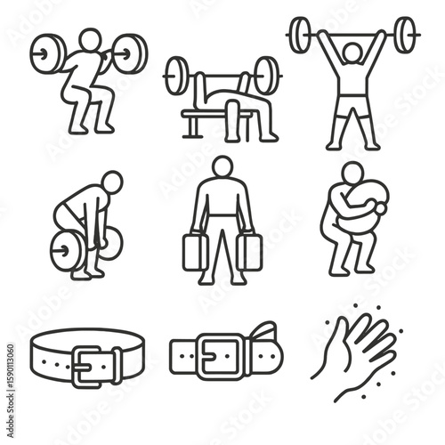 Weightlifting Icon Set. Outline style icons of Weightlifting Styles: classic barbell squat, powerlifting bench, Olympic lift icon,