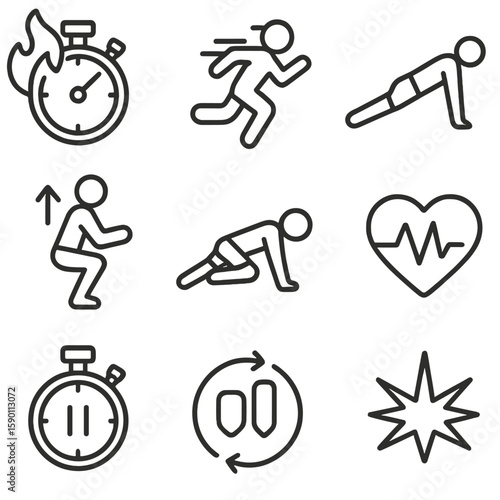 HIIT Icons Outline. Outline style icons of HIIT and Circuit Training: stopwatch with fire, sprint pose, burpee gesture, squat jump