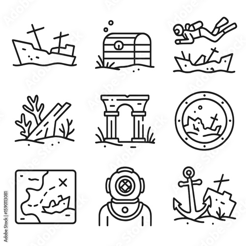 Shipwreck Diving Icons. Outline style icons of Shipwreck Diving: rusted ship silhouette, sunken treasure chest, diver over wreck,