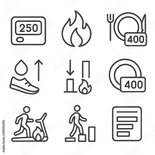 Calories and Energy Icons. Outline style icons of Calories and Energy Burn: calorie counter icon, burn fire symbol, energy in/out