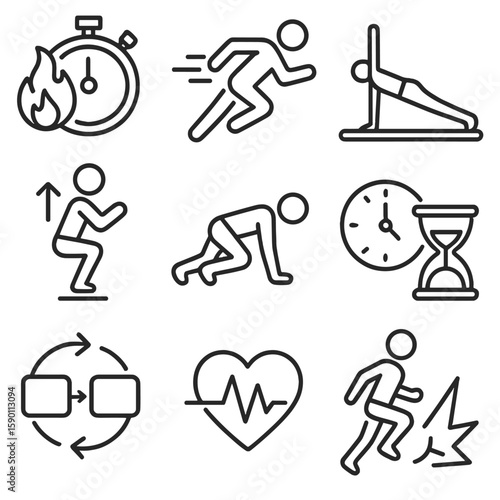 HIIT Icons Outline. Outline style icons of HIIT and Circuit Training: stopwatch with fire, sprint pose, burpee gesture, squat jump