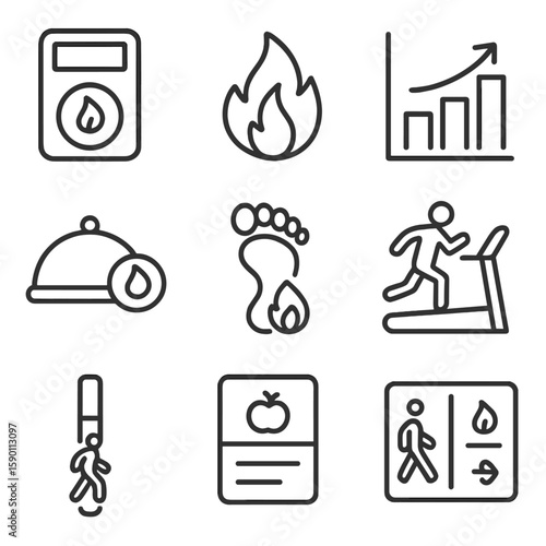 Calories and Energy Icons. Outline style icons of Calories and Energy Burn: calorie counter icon, burn fire symbol, energy in/out