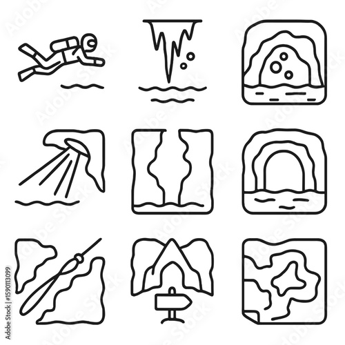 Underwater Cave Icons. Outline style icons of Underwater Caves and Caverns: cave diver, stalactite underwater, air bubble pocket,