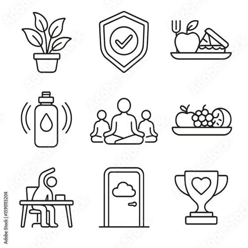 Workplace Wellness Icons. Outline style icons of Workplace Wellness: office plant, wellness challenge badge, lunch break icon,