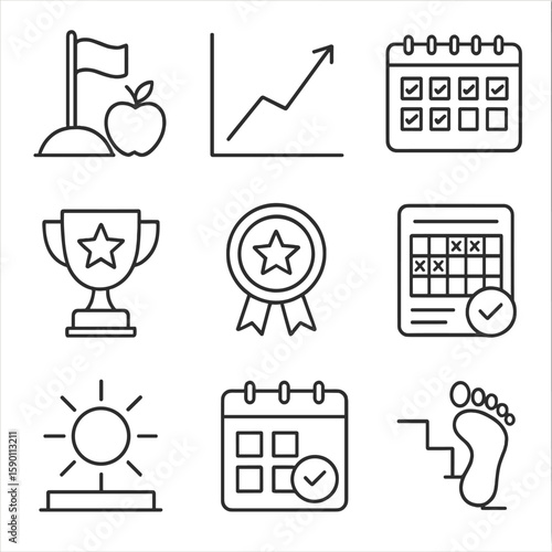 Health Goal Icons. Outline style icons of Health Goals: goal flag with apple, progress graph, weekly wellness chart, success