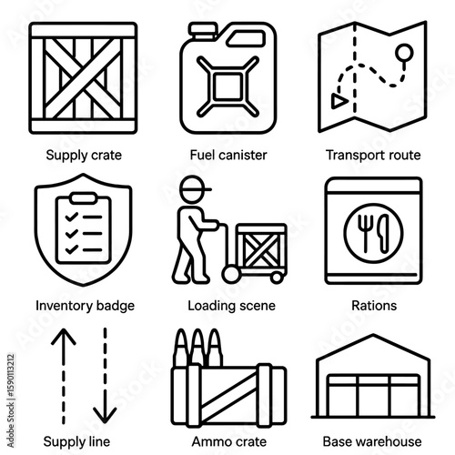 Military Logistics Icons. Outline style icons of Military Logistics Support: supply crate, fuel canister icon, transport route