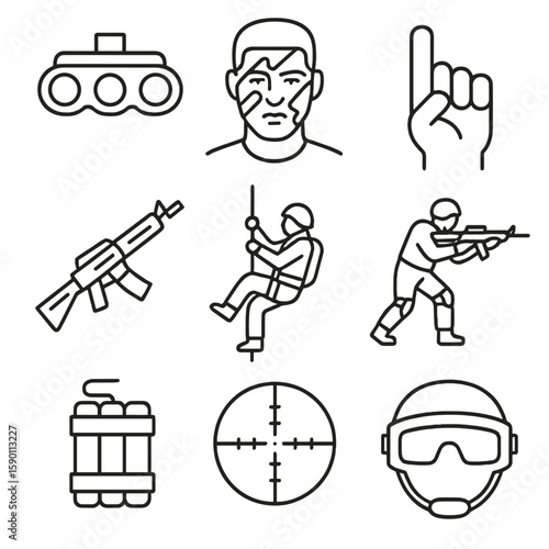 Special Forces Icons. Outline style icons of Special Forces: night vision goggles, camo face paint, silent hand signal, tactical
