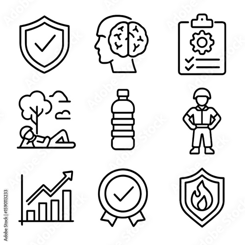 Soldier Icons Outline. Outline style icons of Soldier Readiness and Resilience: resilience shield, mental prep icon, gear