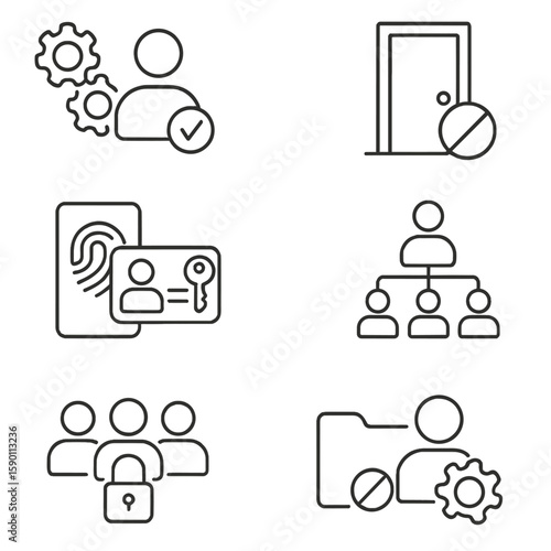 Access Control Icons. Outline style icons of Access Control: permission gears, user role icon, access denied door, fingerprint