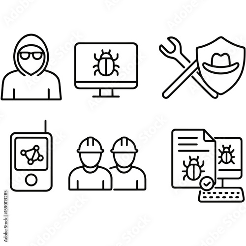 Ethical Hacking Icons. Outline style icons of Ethical Hacking and Pen Testing: ethical hacker icon, system test icon, penetration