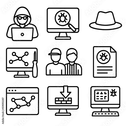 Ethical Hacking Icons. Outline style icons of Ethical Hacking and Pen Testing: ethical hacker icon, system test icon, penetration