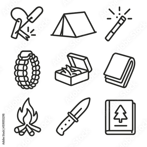 Survival Icons. Outline style icons of Adventure and Survival: flint striker, emergency tent, signal flare, survival bracelet, dry