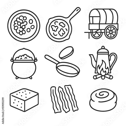 Cowboy Meal Icons. Outline style icons of Cowboy Meals: tin plate with beans, cast iron skillet, chuckwagon icon, cowboy stew pot,