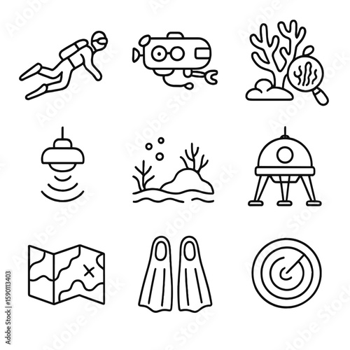 Underwater Exploration Icons. Outline style icons of Underwater Exploration: scuba diver, underwater drone, coral scan, deep sea