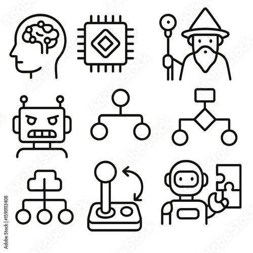 Gaming AI Icons. Outline style icons of Gaming and AI: NPC brain icon, adaptive difficulty chip, AI dungeon master, game logic