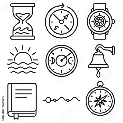 Oceanic Timekeeping Icons. Outline style icons of Oceanic Timekeeping: hourglass with waves, tide clock, maritime watch face,