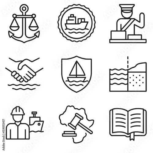 Maritime Law Icons. Outline style icons of Maritime Law and Authority: anchor justice icon, ship registry stamp, customs check,