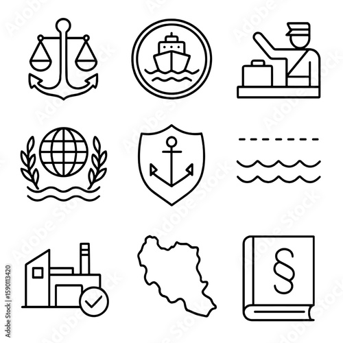 Maritime Law Icons. Outline style icons of Maritime Law and Authority: anchor justice icon, ship registry stamp, customs check,