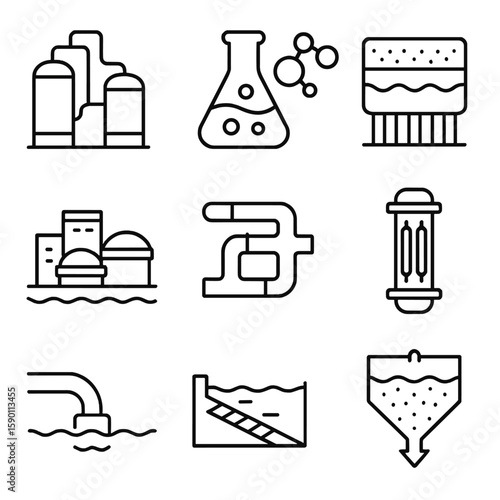 Industrial Water Treatment Icons. Outline style icons of Industrial Water Treatment: industrial tank system, chemical treatment