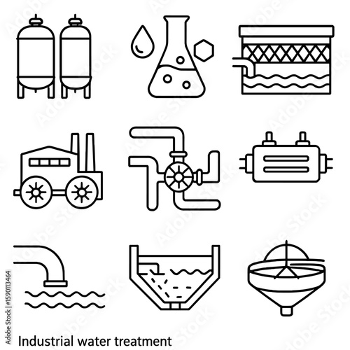 Industrial Water Treatment Icons. Outline style icons of Industrial Water Treatment: industrial tank system, chemical treatment