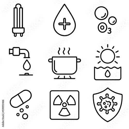 Water Disinfection Icons. Outline style icons of Water Disinfection: UV lamp icon, chlorination drop, ozone bubble, chemical